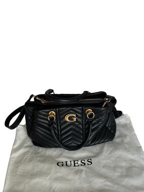 Guess Black Vegan Leather Quilted Satchel Handbag with Gold Accents